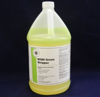 clear jug, yellow liquid, white label, green stripe - BISM Green Stripper